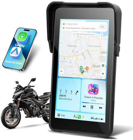 Motorsi Écran Portable Carplay pour Moto, sans Fil CarPlay et Android Auto pour Moto, 5 Pouces Écran Tactile Étanche avec Bluetooth, Navigation GPS, Siri/G00gle Assistant