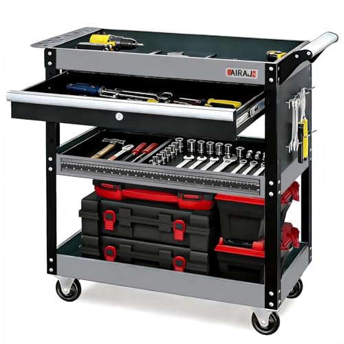 AIRAJ 3-Tier Rolling Tool Cart,200kg Load Capacity,Heavy-Duty Tool Trolley with Four Swivel Castors(2 Brake Wheels),Tool Storage Cart on Wheels with Locking System Suitable for Garages and Warehouse