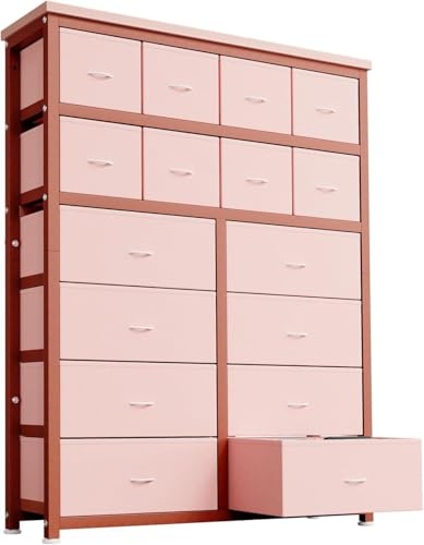 GarveeHome Kommode Mit 16 Stoffschubladen, Stauraum-Schrank Für Schlafzimmer, Wohnzimmer, Büro & Kinderzimmer – Stabile Aufbewahrungskommode Mit Metallrahmen, Rosa