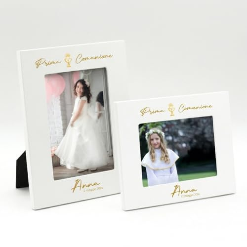 TINBOX Cornice Personalizzata Prima Comunione Oro con Foto Nome Data | Regalo Bambino Bambina | Calice Elegante Tortora | Idea Regalo Comunione| Ricordo Comunione (Prima Comunione Gold)