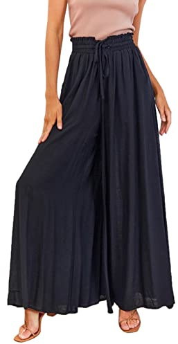 Byxkjol dam, sommarbyxor, lätta, lediga, Palazzo, breda byxor, fritidsbyxor, eleganta, enfärgade, marlenebyxor, lediga, lätta, breda ben, byxor med hög midja, elastiska fickor, dragsko, Black-B, L