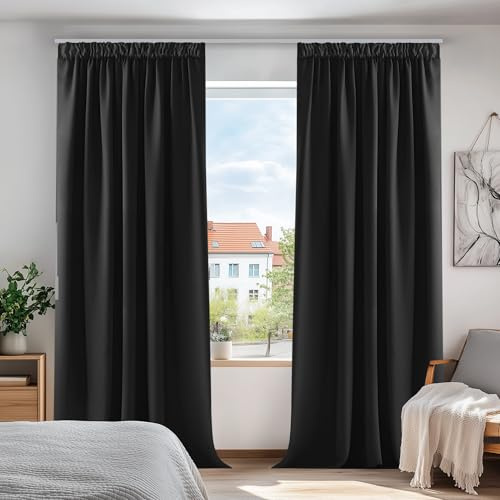 Deconovo Super Soft Thermal Insulated Rod Pocket Blackout Curtains Pencil Pleat Curtains for Boys Bedroom 46 x 90 Black 2 Panels