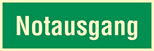 Schild Notausgang Rettungszeichen nachleuchtend ASR A1.3 300 x 100 mm | 3 mm Alu-Verbund mit nachleuchtender Folie, langnachleuchtend nach ASR A1.3, wetterfest, Made in Germany