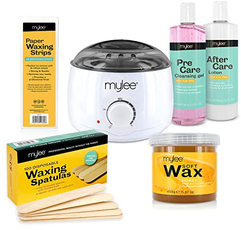 Mylee Komplettes Wachsset, bestehend aus Wachserhitzer in Salonqualität, weichem Cremewachs, Wachsstreifen, Spachteln und Mylee, Vor & Nach Wachslotion (Kit + Honigwachs)