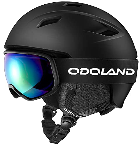 Odoland Casco da sci con occhiali - Casco sportivo regolabile multicolore con occhiali protettivi - Snowboard, motoslitta, abbigliamento antivento per adulti e giovani per uomini e donne, nero, L