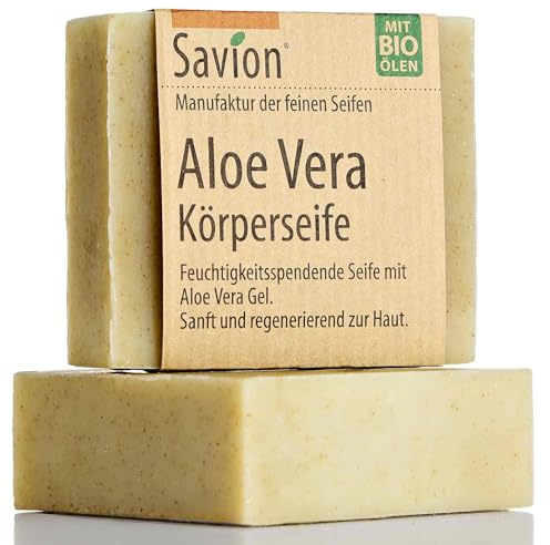 Savion Aloe Vera Körperseife, feuchtigkeitsspendend, regenerierend, mit frischem Aloe Vera Gel, Vegan, Palmölfrei, 80g