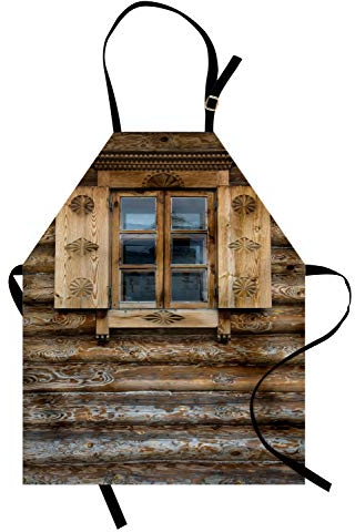 ABAKUHAUS Fensterläden Kochschürze, Fenster mit den Fensterläden Gemustert auf der Wand des Alten Holzhaus-Häuschen-Druckes, Farbfest Höhenverstellbar Waschbar Klarer Digitaldruck, Beige Braun