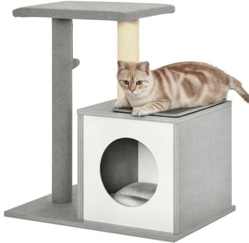 PawHut Holz Kratzbaum Katzenbaum Kletterbaum für Katzen, Kätzchen Möbel mit Katzenhöhle, Spielhaus, Katzenspielzeug und Plüschkissen Grau&Weiß 59x39x62 cm