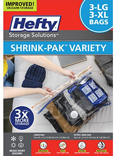 Hefty Shrink-Pak Vacuum Storage Bags - Space Saver for Under Bed Storage, Clothing and Comforters, Odor Resistant, 3X More Storage Space - 3 Large, 3 XL Bags