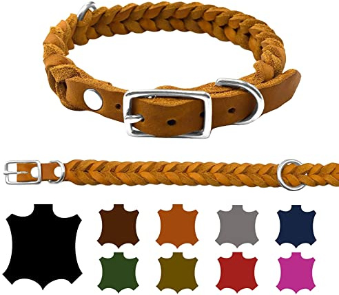 Hundehalsband Fettleder kleine Hunde/große Hunde verstellbar handgeflochten Made IN Germany (XXS 22cm-28cm Breite:15mm, Cognac)
