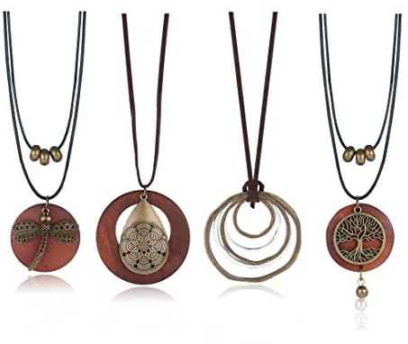 Finrezio 4Pcs Brown Holzhalsketten für Frauen Handgefertigte Lange Pullover Halskette Set Bohemian Vintage Lange Halsketten Holzhalsketten Libelle Baum des Lebens geschichtete Halskette