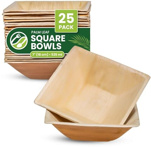ECO Leaf 25 Disposable Palm Leaf Square Bowls 7 (18cm), 525ml (18oz) - Compostable Soup, Dessert & Salad Bowls, Deep Square, Eco-Friendly, Biodegradable for Parties, Oven Safe