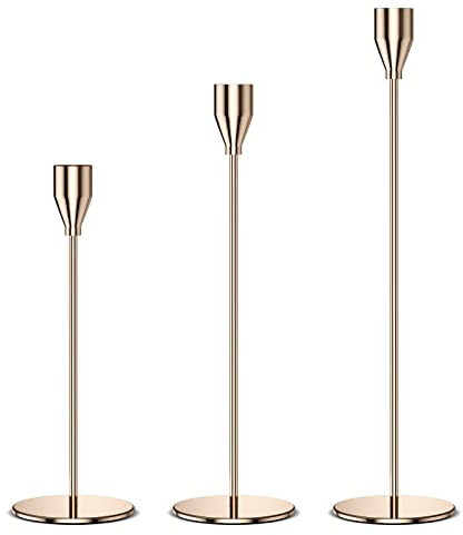 Relota Kerzenständer Gold 3er Set, 33/28/22cm Stabkerzenhalter, Metall Kerzenhalter Stabkerze, Vintage Deko Kerzen Ständer für Abendessen Bei Kerzenlicht, Wohnkultur, Hochzeit, Schrankdekoration
