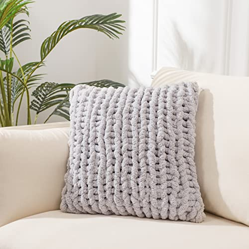GARLVCAL Grey Chunky Knit Throw Pillow Covers 1PC 18×18 Square Luxury Style Crochet Pillow Case Fur Pillowcases Decorative Pillow Shell for Sofa Bedroom Cushion