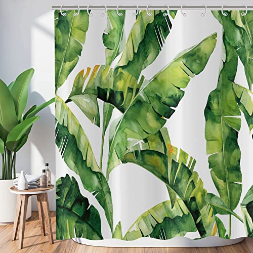 Hnmdmyi Duschvorhang Grüne Blätter 180x200, Tropische Bananenblätter Duschvorhänge Dschungel Pflanze Botanisch Badewanne Vorhang Wasserdicht Polyester Stoff Waschbar Badevorhang mit Haken