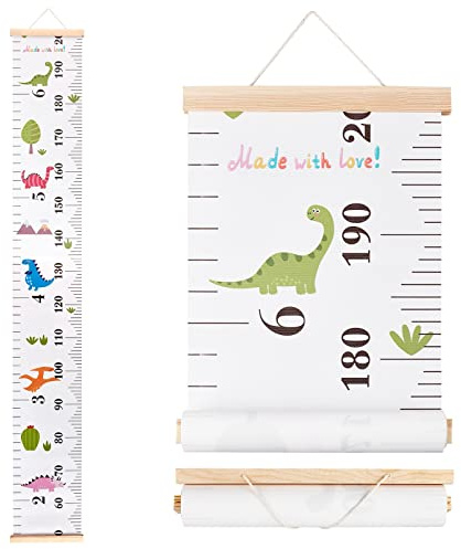 CREATCABIN Dinosaurier-Wachstumsdiagramm Stoff Leinwand Höhenmesslineal Holzrahmen Aufhängen Abnehmbare Cartoon-Wandlineale Für Zuhause Wohnzimmer Dekoration Kinderzimmer Dekoration Geschenk