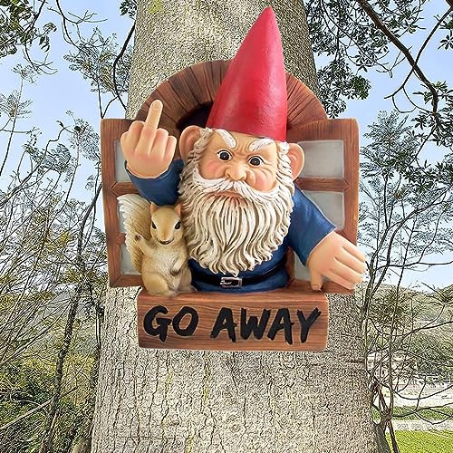 Chambtalie Go Away Gnome Statue Tree Hugger Whimsical Middle Finger Rude Gnomes Statue Wall Hanging Sign Decor Garden Grumpy Gnome and His Squirrel at The Window Flipping Off Guests 3D Wall Plaque