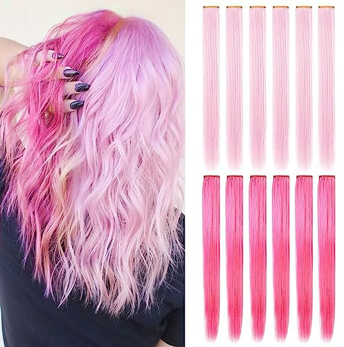 IAMERUI Mehrfarbige Haarverlängerungen Party Highlights Gerade Clip in/auf gefärbtem Haar Strähne Synthetik Haarteile (Hellrosa+Rosa) | Mehrfarbige Party-Strähnchen, glattes Haar, bunt, zum Anklipsen, Synthetik