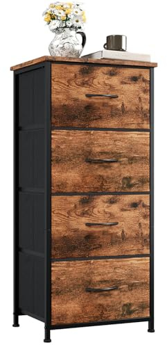 Somdot Kommode mit Schubladen, Schlafzimmer, 4 Schubladen, Braun | Schmale Kommode, Komodenschrank, Wohnzimmer, Stoffschubladen, Metallrahmen, Holzwerkstoffplatte, 30T x 42B x 93H cm