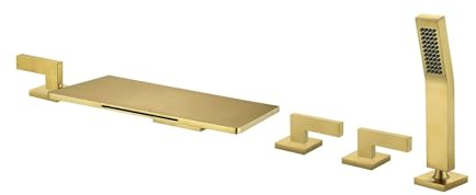 XJTNLB Wannenrandarmatur 5 Loch Wasserfall Badewannenarmatur mit Brause, Armatur Badewanne Wasserfall Gebürstetes Gold