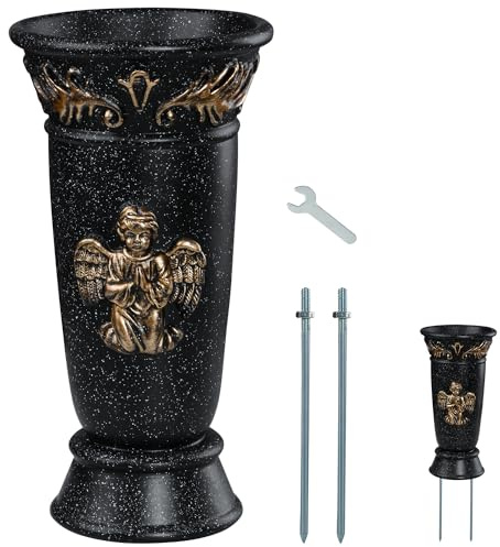 Memorial Cemetery Vase, 1 Pcs Black Angel Resin Flower Vases with Spikes and Draining Holes for Gravesite, Headstone Flowers, Cemetery Flowers, Memorial Grave Decorations