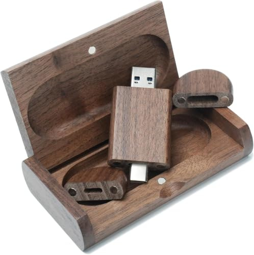 Yaxiny Clé USB C 128 Go - Clé USB 2.0 haute vitesse - Double OTG - Boîte en bois de noyer pour TV, voiture, smartphone, PC, ordinateur portable
