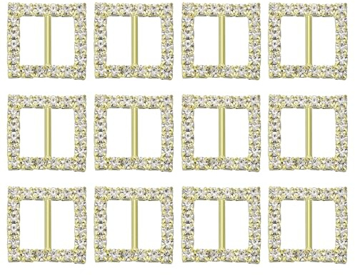 QUARKZMAN Strassband-Schnalle, 12 Stück 18 x 18 mm Kristallband-Schieber Gürtelschnalle für DIY Hochzeitsbasteln, Gold, Weiß