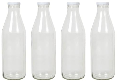 ACAN Tradineur - Pack de 4 botellas de cristal para leche, bote para bebidas con tapa de rosca, batidos, zumos, licuados de verduras, salsas, frigorífico (Tapa blanca, 1 litro)