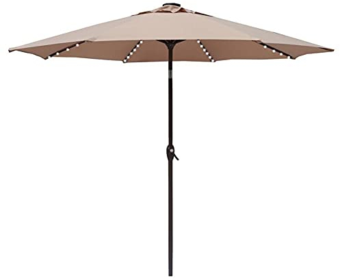 Runder Gartenschirm Für Den Außenbereich Mit Kurbel-Sonnenschirm, Led-Licht, Marktschirm, Blaubraun, Ohne Sockel, Balkonschirm, Strandschirme, Sonnenschirm Für Pool, Hinterhof, Rasen, Picknick