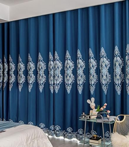 Homxi Küchengardinen Modern Blickdicht 2er Set,2 x 137W x 160H cm,Gardinen Blickdicht Schlafzimmer Blau Marine Stickmuster Gardinen Haken für Ringe