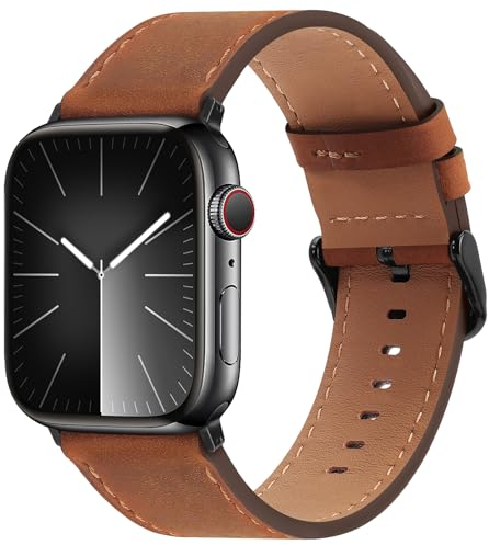 Bisikor Lederarmband Kompatibel mit Apple Watch Armband 49mm 46mm 45mm 44mm 42mm Echtes Lederband Ersatzarmband für iWatch Ultra2 Ultra SE Series 10 9 8 7 6 5 4 3 2 1 (42/44/45/46/49, Braun)