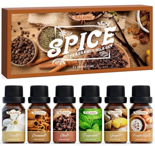 SALKING Herbst Gewürze Ätherische Öle Set, Aromatherapie Duftöl GeschenkSet, Duftöle für Diffuser Luftbefeuchter,6x10 ml Vanille, Zimt, Nelke, Kürbisgewürz, Pfefferminze und Ingwer