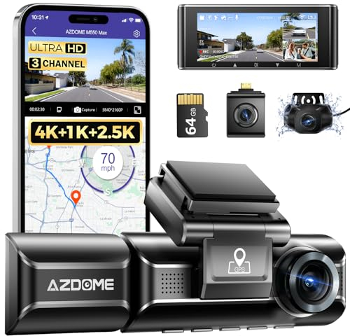 AZDOME 4K Dashcam Auto 4K+ 1080P+ 2.5K vorne hinten innen mit Dual STARVIS, 64GB SD Karte, WiFi, GPS, Super Nachtsicht, Parküberwachung, Loop-Aufnahm, WDR, G Sensor, 3.19” Hitzebeständig, M550 MAX