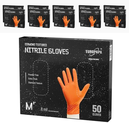 EUROPAPA® 500 Stück (10x50) extra Dicke Nitrilhandschuhe DiamantGrip Diamant Perfect Grip Einweghandschuhe Montageschutzhandschuhe puderfreier latexfreier Arbeitshandschuhe (8 mil, M, Orange)
