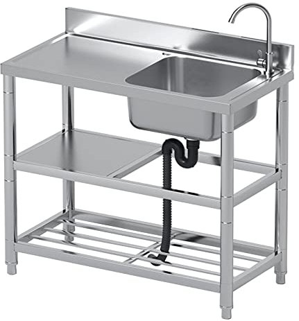 Lavello da esterno autoportante in acciaio inox con piano di lavoro e doppio ripiano, ideale per cucina, lavanderia, garage, campeggio, lavello in acciaio inox di grado commerciale