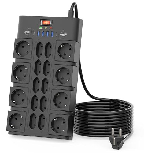 18 Fach Mehrfachsteckdose, Steckdosenleiste mit USB (4 USB-A, 2 USB-C), Steckdose mit Schalter 3680W, 2100J Steckdosenleiste Überspannungsschutz, Mehrfachsteckdose mit 2 m Kabel für Büro, zu Hause