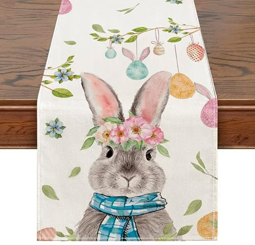 Easter Decorations Table Runner Bunny Egg Flower Hessian Print Table Runner Spring Table Decorationsy Kids Birthday Home Decoration Tablecloth Party Supplies, 183x33cm
