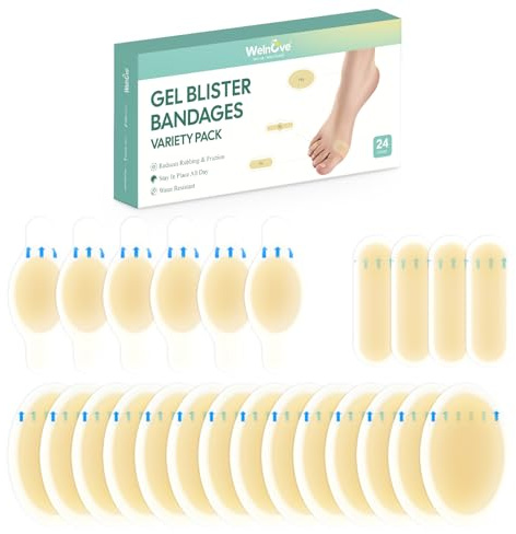 24 Pcs Gel Blister Plasters - Welnove Hydrocolloid Plasters for Feet, Water Resistant Blister Bandages for Heel, Toes & Foot, Blister Cushions Pads for Prevention & Recovery (Variety Pack)