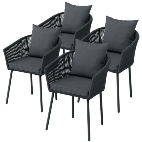 STEELSØN Gartenstuhl Nair 4er Set, Armlehnenstuhl aus Rattan, Balkonstuhl mit Sitzkissen, pulverbeschichtetes Stahlgestell, Dunkelgrau