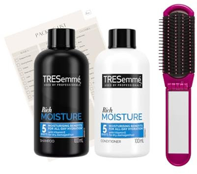 Mini Travel Essentials Ensemble shampooing et après-shampoing de voyage pour femme – Shampooing hydratant riche 100 ml et après-shampoing 100 ml, brosse pliante avec miroir et liste d'emballage de