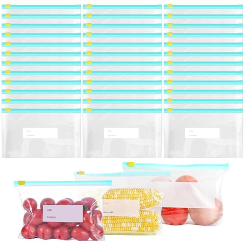 TOPBELIEF 60 Pièces Sac Congelation Zip, Sac Congelation Reutilisable 1L, Sac de Conservation Alimentaire, Ziploc avec Zipper, Ziplock Bag pour Collations, Viande, Fruits, Légumes