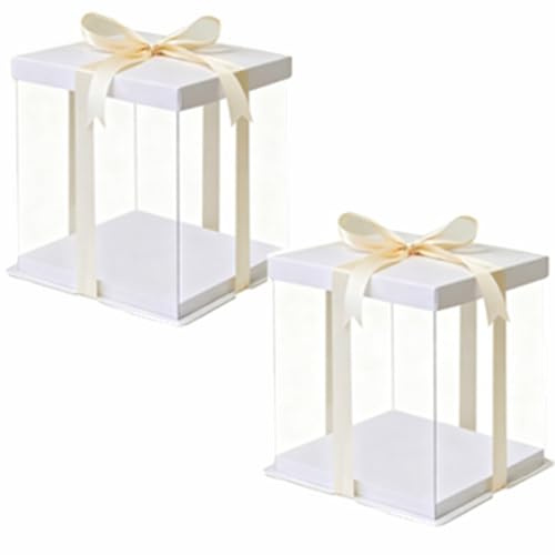 Yikryy 2 Pcs Clear PET Cake Boxes (30x30x35cm) with Lid & Ribbon, Cake Carrier Box for 10 Tall Cakes, Cake Gift Packaging for Display, Birthday, Wedding, Christmas-White