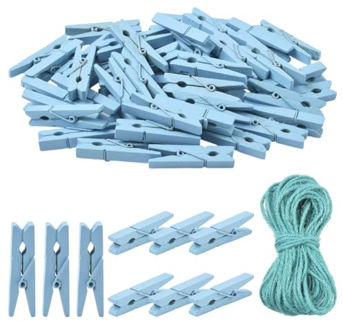 SOFPLATE 1 Box 1.76 Inch Mini Picture Clips Blue Wooden Clothespins with 10M Twine Wood Pegs Small Rustic Clips with Metal Spring for Hanging Photos DIY Crafts Party Decoration Sealing Snack Bags