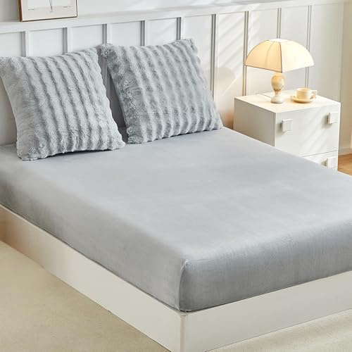 Tokokimo - Sábana bajera (180 x 200 cm, forro polar, 2 fundas de almohada de 65 x 65 cm, franela cálida y suave, felpa gris
