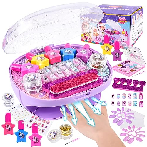 Herenear Nagelstudio Kinder Mädchen, Geschenke für Mädchen Nagellack Set, Nagelkunst Kinder 6 7 8 9, DIY Schminkkoffer Spielzeug, Kinderschminke Set mit Nageltrockner für Geburtstag Weihnachten