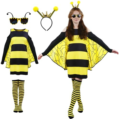Kitimi Deguisement Abeille Femme, Costume d'Abeille pour Adulte, comprenant Bandeau, Chaussettes de Jambe, Lunettes, Ailes, Cosplay Deguisement pour Carnaval Halloween