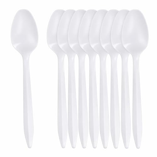 100 Pack White Plastic Reusable Spoons by VIYARA – Heavy Duty Washable Party Cutlery, Strong Table Spoons for Catering, Buffet, Home Dining, Events & Gatherings