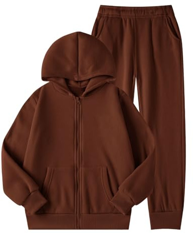 Generico Tuta Bambine e Ragazze Completo 2 Pezzi Felpa con Cappuccio con Cerniera e Pantaloni con Elastico in Vita Tute da Ginnastica Jogging Tuta Sportiva per 5-14 Anni (Brown, 11-12 Years)