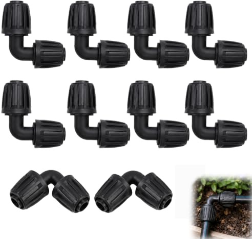 Pack de 10 conectores acodados 16 mm para riego por goteo, codo para manguera de riego con espiga y tapa roscada, adaptadores de plástico para jardín, césped, invernadero y huerto