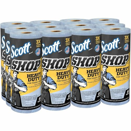 Scott Shop Original Heavy Duty Towels (32992), Blue, Cloth-like Paper Towel for Solvents, 10.4x11 Wipe (12 Rolls of 60 Sheets, 720 Sheet Total)